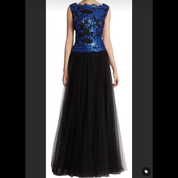 Tadashi Shoji Gown Maxi dress Prom Goth Dark Romantic Fairy Black Blue Sz 14 - Picture 2 of 6
